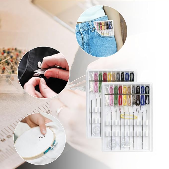 QHAJRYYC 2 Boxes Easy Pre Threaded Needle Kit, Prethreaded Sewing Kits, Small Home Travel Sewing Box with Pin Button, Box Each Box with 10 Pieces (Rich Color)