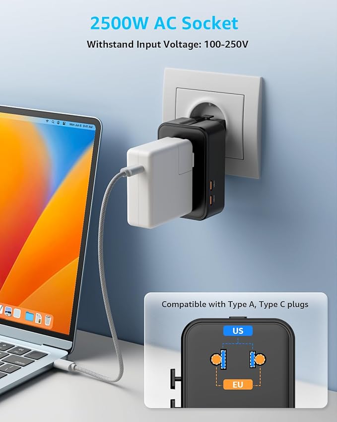 “Air” Universal Travel Adapter, Slim International Travel Plug Adapter with 2 USB-C(PD 25W) ＆ 2 USB-A Ports, All in One Portable Adaptor, for USA, UK, EU, AU ＆ 224+ Countries (Black) US