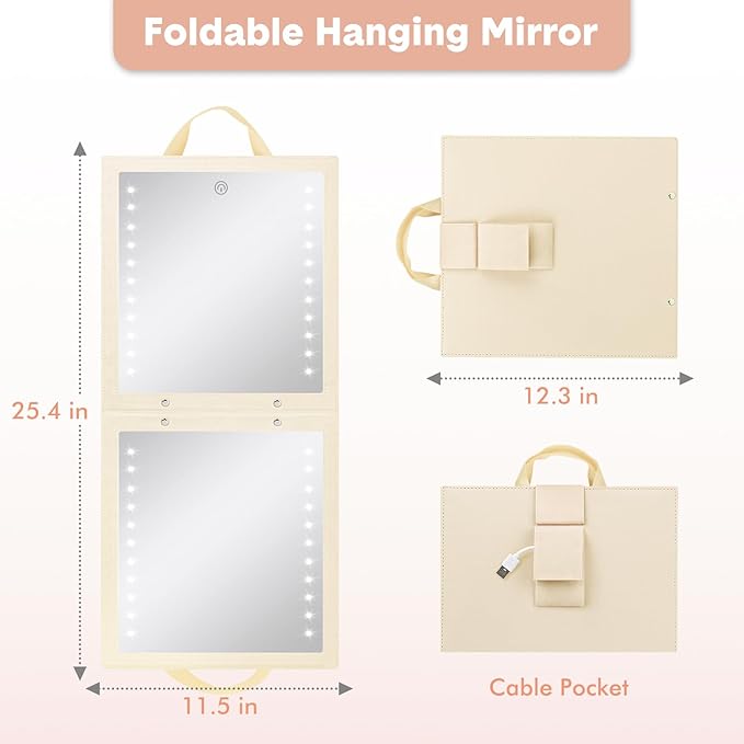 Fabuday Lighted Hanging Mirror for Dance Backstage - Rechargeable Folding LED Full Length Mirror with Lights for Dancers, Portable Foldable Travel Body Mirrors, Brightness Adjustable, Beige