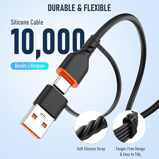 Travel Essentials 3 in 2 Multi Charging Cable 100W USB A/C to Dual USB C/for Apple Watch Charging Cable Silicone Fast Charge Compatible with iPhone 17-15 Series iPad MacBook, Type-C Devices 5FT-Black