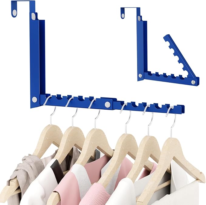 BAKON Over The Door Hangers, Over Door Hooks for Hanging, Small Space Dual Folding Portable Over Door Clothes Hanger for Clothes, Hats, Bags and Towels. (1, Blue)