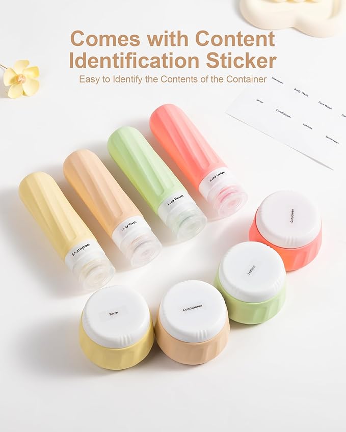 Mrsdry Travel Size Toiletries 8 Pack, TSA Approved 3oz Silicone Squeeze Bottles & Cream Jars with Clear Travel Bag