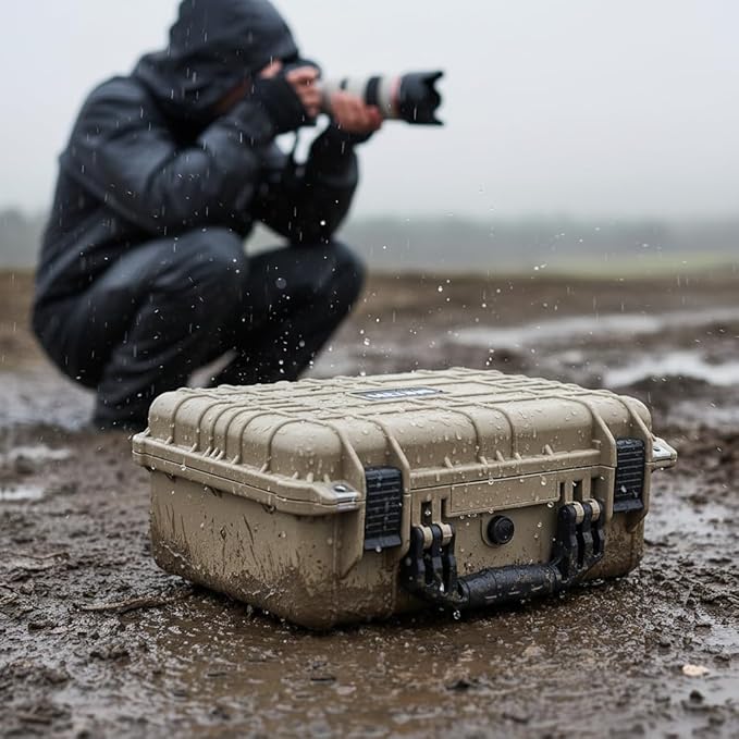 MEIJIA Portable All Weather Waterproof Protective Case,Hard Case,Camera Case With Customized Fit Foam,Fit Use of Drones,Camera,Equipments,Pistols,13.35 x11.63x5.98inches (Desert Tan)