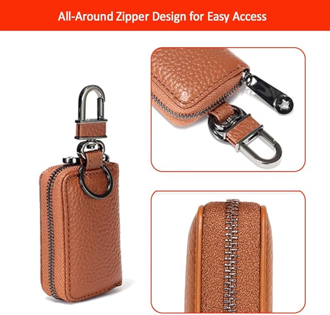 Leather Car Key Case with Zipper, Compact Smart Key Fob Holder with Keychain, Portable Car Key Organizer Pouch