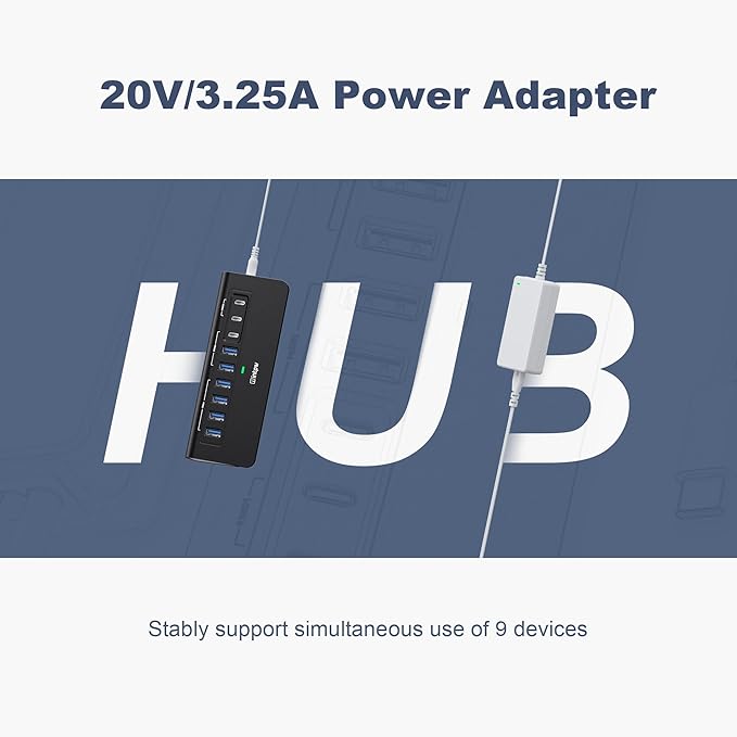 Powered USB Hub 10Gbps, intpw YH6AC 9-Port USB HUB with USB A/USB C 3.2, 4 USB 3.0, 2 PD 45W Charging Port, 65W Power Adapter + 5FT Cable, Aluminum USB Hub for Laptop, PC,iPhone 17/16