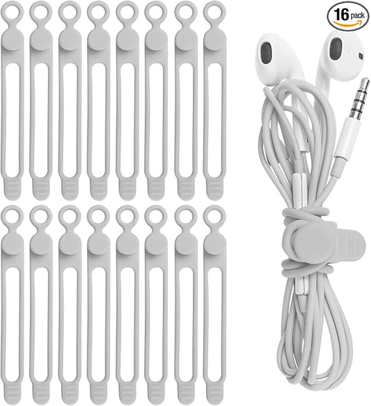 16Pcs Silicone Cable Straps Wire Organizer for Bundling Earphone, Phone Charger, Computer Cords, Reusable Cable Ties Cord Organizer in Home,Office,Kitchen,School(Grey)
