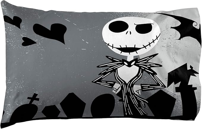 Jay Franco Disney Nightmare Before Christmas Grave Yard 1 Pack Reversible Pillowcase Featuring Jack Skellington and Sally - Kids Super Soft Bedding