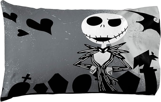 Jay Franco Disney Nightmare Before Christmas Grave Yard 1 Pack Reversible Pillowcase Featuring Jack Skellington and Sally - Kids Super Soft Bedding