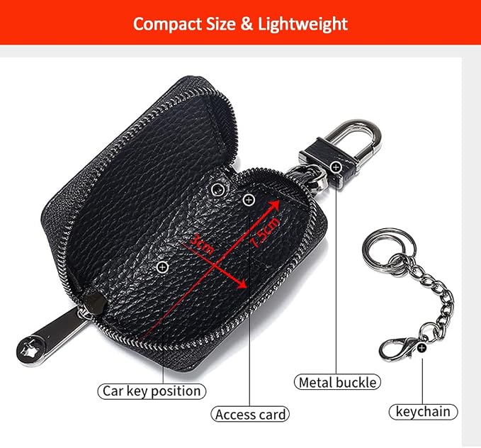 Leather Car Key Case with Zipper, Compact Smart Key Fob Holder with Keychain, Portable Car Key Organizer Pouch