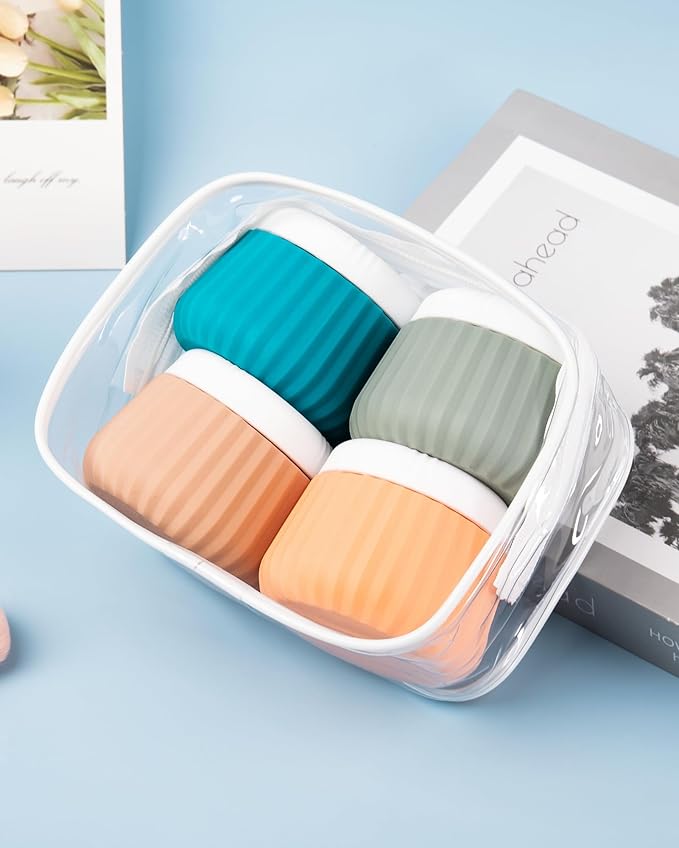 Mrsdry Travel Containers for Toiletries 4 Pack, TSA Approved Travel Size Toiletries, Travel Size Containers, With Clear Bag Leak Proof Silicone Jars, Travel Essentials Creams Jars Carrying Small Items
