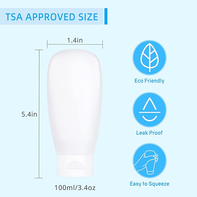 TSA Approved Travel Bottles Set for Toiletries Travel Size Containers Kit 4 Pack Portable Leak Proof Refillable Squeeze Cosmetic Airplane Essential Shampoo Hair Conditioner Body Lotion Bath Shower Gel