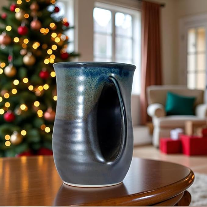 Hand Warmer Mug,16 Ounce Large Hand Warming Mugs Ceramic Gift for Coffee Tea Handmade Pottery Christmas Ceramic with Pocket handl (Right Handed,Brown)