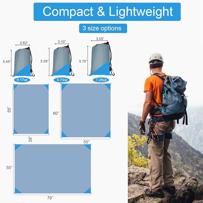 Orga'Neat Pocket Picnic Blanket, Beach Mat Waterproof Sandproof, Compact Lightweight Small Tarp for Camping, Hiking, Backpacking, Festival, Travel, Foldable in Bags (Grey/Blue, 55"x39")