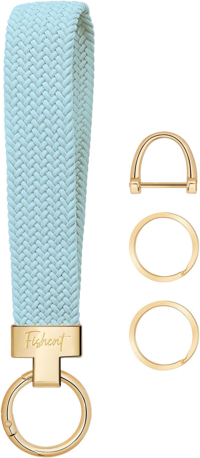 Fishent Stretchy Wristlet Keychain, Cute Key Chain, Woven Wrist Lanyard for Car Keys with 3 Keyrings and D-ring for Women Men