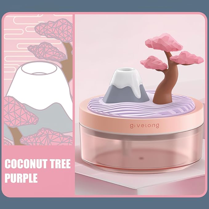 PRATIQUE Mini Portable Desktop Humidifiers for Bedroom,Small Humidifier with Cherry Tree,Quiet,Cool Mist, Auto Off,7 Colors Night Light,320ml Air Humidifier Home Office Travel(PINK) (PINK)
