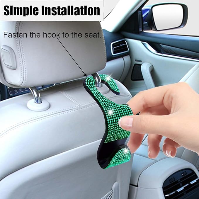 LAINLOY 4PCS Bling Car Headrest Hook, Crystal Rhinestone Back Seat Purse Holder, Car Seat Hanger Storage for Bag, Grocery, Handbag, Universal Interior Accessories for SUV Car Truck (Green)