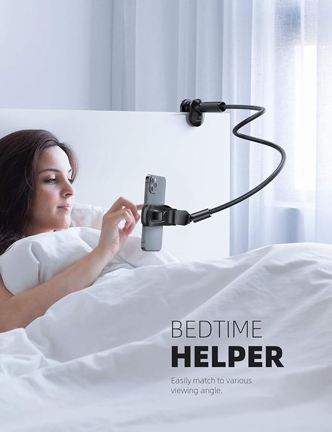 Lamicall Gooseneck Phone Holder for Bed - Overall Length 38.6in, Flexible Leather Wrapped Arm, 360 Adjustable Clamp Clip, Overhead Cell Phone Mount Stand for Desk, Compatible with All Cellphone (4-7”)