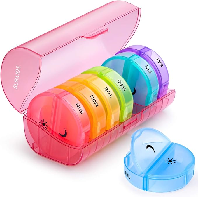 Sukuos Large Weekly Pill Organizer 2 Times a Day, Daily Pill Box 7 Day Easy to Open with Double Protection, AM PM Pill Case for Medicine/Vitamin/Fish Oil/Supplements (Red)