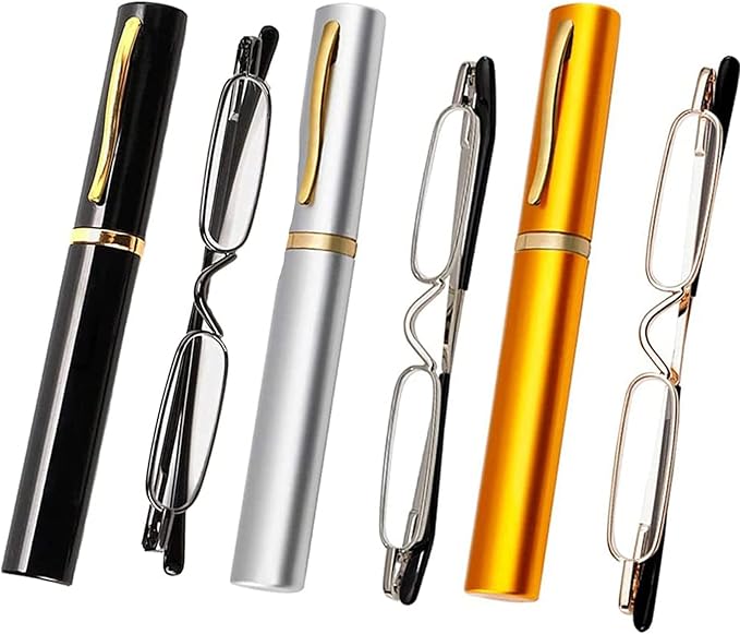 Viseng Slim Mini Metal Reading Glasses Compact Lightweight Portable Readers with Glasses Case for Reading Case,Gold+Silver+Black+1.5