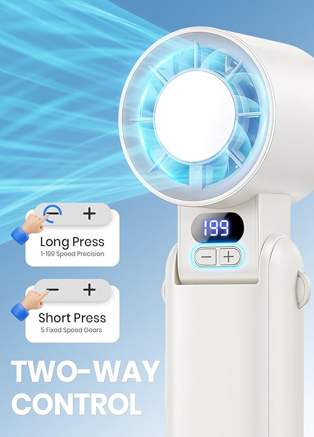 Portable Handheld Turbo Fan, 1-199 Speed Adjustable with LED Display, High-Power Motor, Rechargeable Battery, 4 IN 1 Pocket Design Mini Fans for Indoor/Outdoor/Travel/Work, White