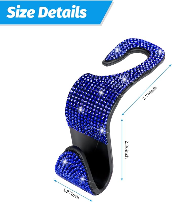 Zpana 4PCS Bling Car Seat Headrest Hooks, Vehicle Back Seat Purse Handbag Hanging Holder with Crystal Rhinestone, Diamond Storage Organizer Hook, Universal Automotive Accessories (Blue)