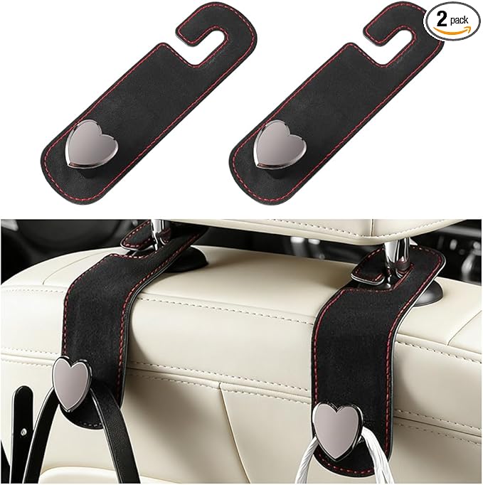 2PCS Car Seat Headrest Hook, Cute Heart Vehicle Backseat Purse Bag Hanger Organizer, Auto Seat Back Storage Holder for Groceries Coats Umbrellas, Universal for Vehicles (Black)