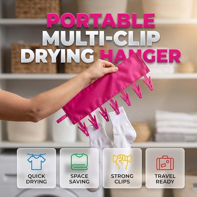 Foldable Travel Laundry Hanging Clip, 2026 New Lightweight Travel Hangers for Cruise and Hotel, Portable Folding Clothes Hanger with 6 Clips for Swimsuits Underwear Socks 3 Pack
