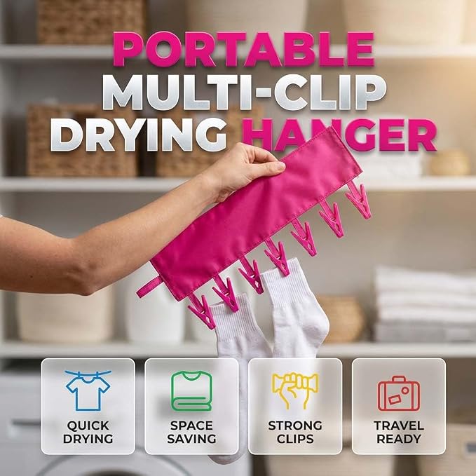 Foldable Travel Laundry Hanging Clip, 2026 New Lightweight Travel Hangers for Cruise and Hotel, Portable Folding Clothes Hanger with 6 Clips for Swimsuits Underwear Socks 3 Pack