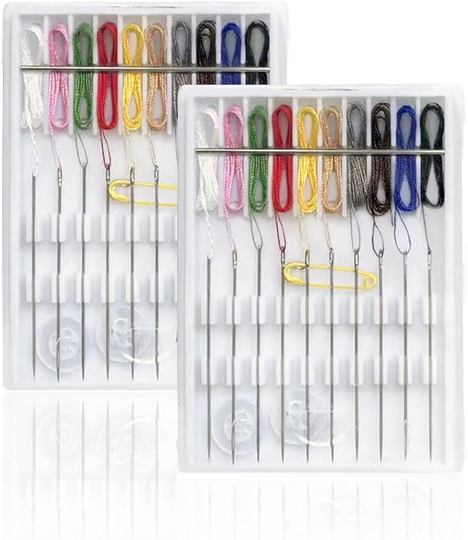 QHAJRYYC 2 Boxes Easy Pre Threaded Needle Kit, Prethreaded Sewing Kits, Small Home Travel Sewing Box with Pin Button, Box Each Box with 10 Pieces (Rich Color)