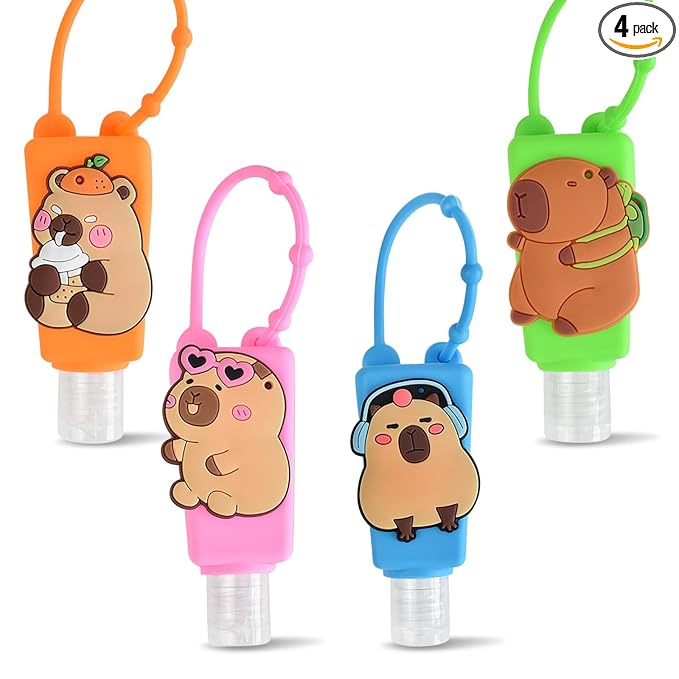 Refillable Travel Bottles Containers, 4 Pack Hand Sanitizer Travel Size Holder with Empty Silicone Bottles Case Keychain Carrier, Leak Proof Portable Bottle for Liquid Soap, Lotion (Capybara)