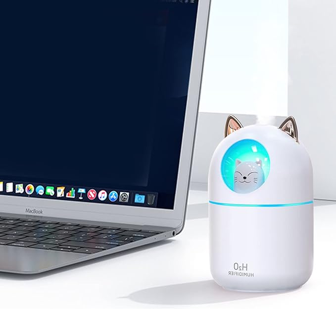 Cute Portable Cool Mist Humidifier with 12 Pcs Sticks & 7 Color Night Light - USB Air Humidifier for Bedroom, Office, Desk, Car, Travel (White + 12 Filter Cotton Sticks)