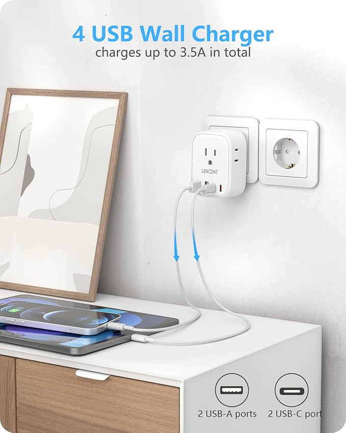 LENCENT 2 Pack Germany France Travel Power Adapter, Schuko Type E/F Power Plug Adaptor with 4 USB Ports(2 Type C), 4 Outlet Converter, US to EU Spain French German Greece Norway Iceland South Korea