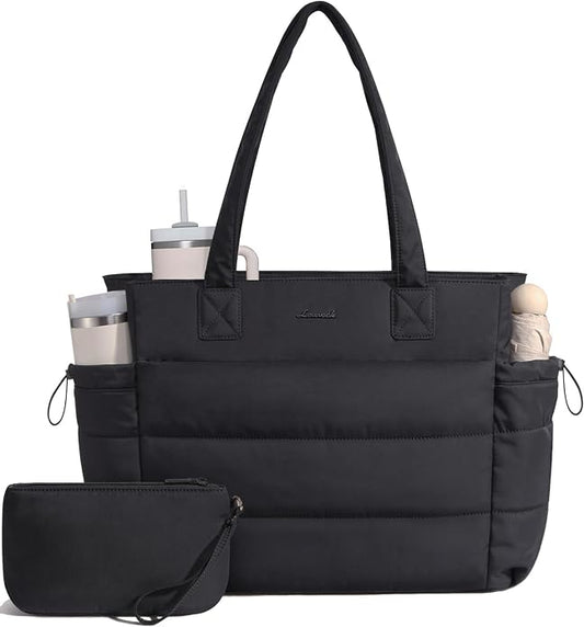 LOVEVOOK Tote Bag for Women with Giant Tumbler Holder Pocket, Puffer Work Travel Laptop Handbag with Zipper for Nurse Teacher