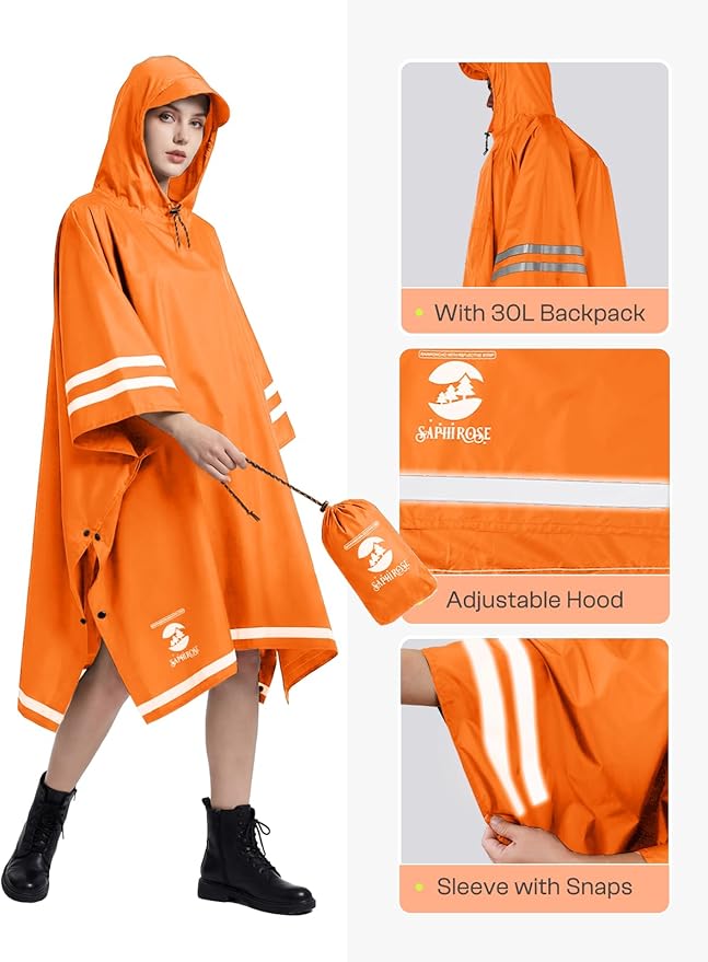 SaphiRose Hooded Rain Poncho Waterproof Raincoat Jacket for Men Women Adults
