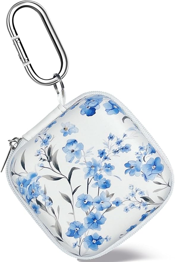 Earbud Case Headphone Organizer Ear Bud Case Portable EVA Carrying Box Storage Bag with Carabiner for AirPods Beats Bose Galaxy Buds 4/3/FE Data Cable Storage (Blue Flower)