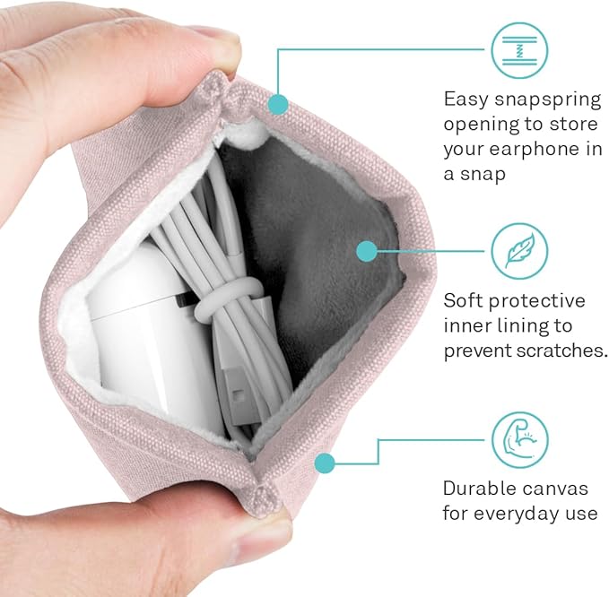 UT Wire Pocket for Airpods Snap & Store Wireless Bluetooth Earbud and Charger cable Travel Pouch, Pale Pink