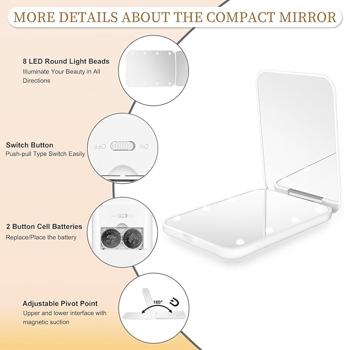 Kakuje Compact Mirror, 1X/3X Magnification LED Pocket Mirror with Nternal BIattery, Mini Mirror for Purse, Pocket,Travel and Present (White)