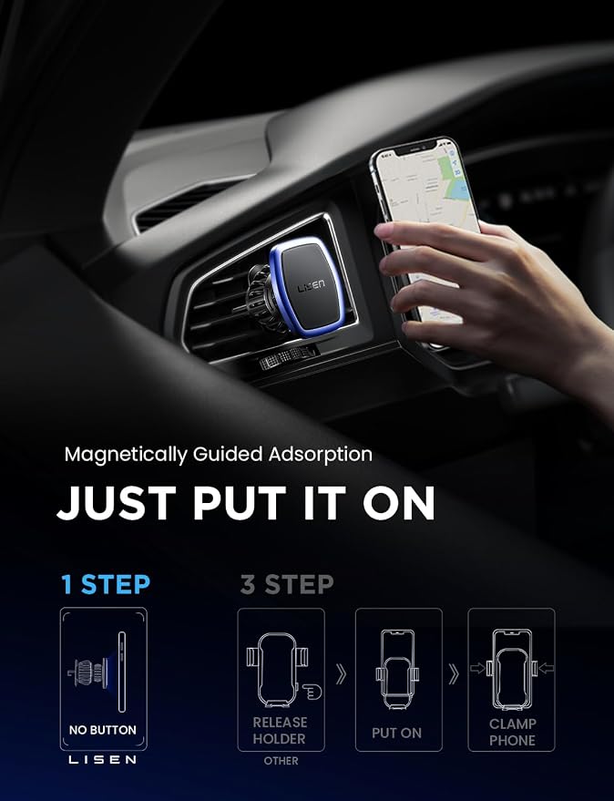 LISEN 2 Pack Magnetic Phone Holder for Car Magnet for Phone Car Mount Vent 6 Military Magnets Vent Cell Phone Holder Mount for Car Plate Fit All, Gifts for Women Men, Car Accessories (Blue)
