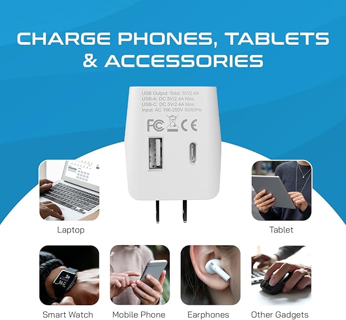 Ceptics Japan, Philippines Travel Adapter Plug with USB-A + USB-C - Usa Input - Type A - Ultra Compact (CTU-6) - Perfect for Cell Phones, Laptops, Camera Chargers