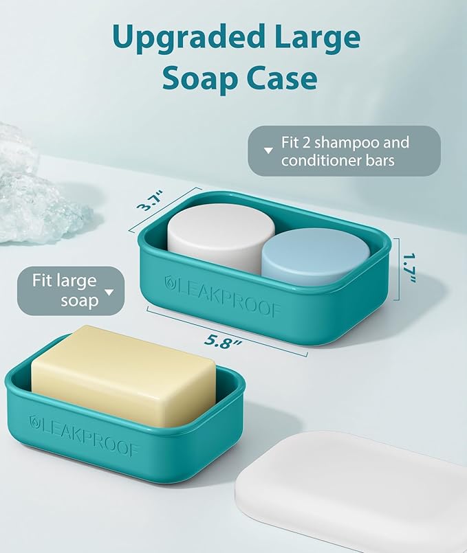 Quatish Large Leakproof Travel Soap Case, Solid Shampoo Bar Holder, Silicone Soap Box with Draining Layer, Enhanced Soap Container, Suitable for Camping, Gym, Bathroom, Outdoor Essentials, Green
