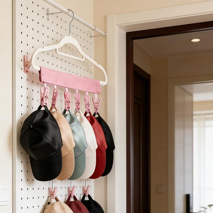 WADORN 4 Pack Travel Hanger Clips, Baseball Cap Hangers with 6 Clips Foldable Clothes Hanger Clip Compact Folding Sock Clip for Swimsuit Towel Underwear Dorms Camping Fits All Size Hangers, Pink