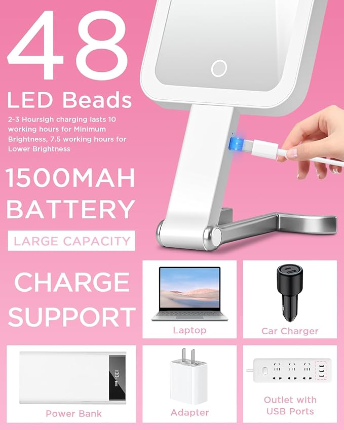 EAONE Magnifying Mirror with LED Light, Double Sided Travel Makeup Mirror 10X/1X with Storage Bag, 3 Color Lighting & Dimmable Touch Screen for Trip, Desk, Bathroom (10.3 x 5.2IN)- Silver