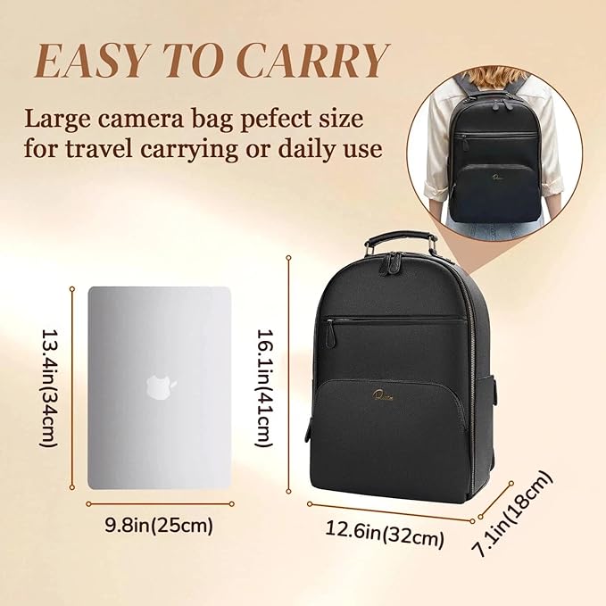 Camera Backpack Classic PU Leather for DSLR, Professional Camera Bag for Photographers with 15 Inch Laptop Compartment Large 20L