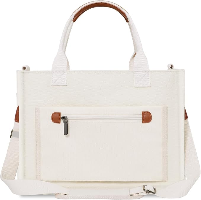 FIORETTO Womens Canvas Tote Bag Purse with Individual Compartment, Zipper Top, Reinforced Bottom & Luggage Sleeve