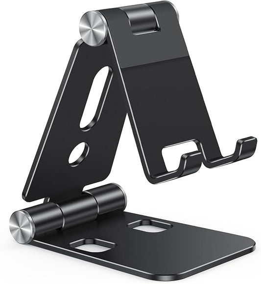 OMOTON Foldable Cell Phone Stand, C4 Portable Aluminum Phone Holder, Adjustable Phone Dock Cradle Compatible with iPhone 17/16/15 Pro Max, Samsung Galaxy, Small Tablets and Other Phones, Black