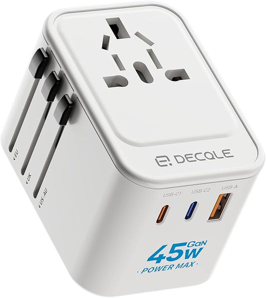 Universal Travel Adapter, International Travel Plug Adapter with 2 USB-C(GaN 45W) ＆ 1 USB-A Ports, All in One Portable Adaptor, for USA, UK, EU, AU ＆ 224+ Countries (White) US