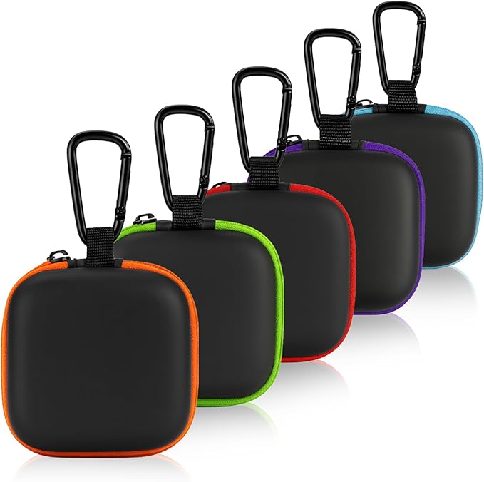 5-Pack Portable Square Earbud Carrying Cases – Multi-Color EVA+PU Leather Storage Bags with Carabiner for Earphones, SD Cards & Small Accessories