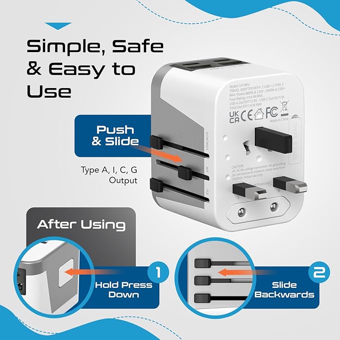 Ceptics Universal Travel Adapter for EU, UK, China, UAE, AU – International Power Adapter with Dual USB-C & USB-A – Ideal for Phone, Tablet & Smartwatch Chargers - Type A, C, G, I Plug Outputs