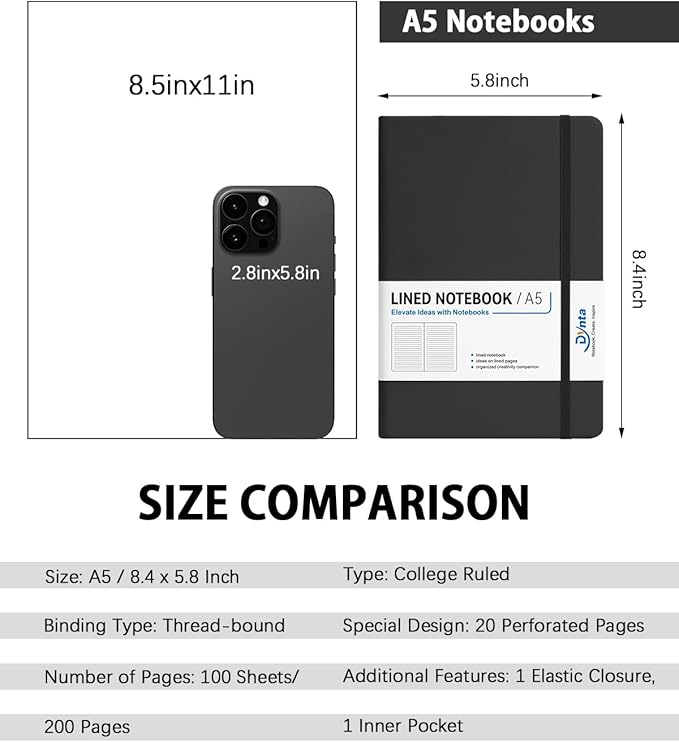 Dynta Hardcover Journal Notebooks, 10 Packs A5 Lined Journals Bulk for Writing 200 Pages/100Sheets, 8.4 x 5.8 inch, Classic Ruled Notebook for Work/Travel/College/Note Taking(Black)