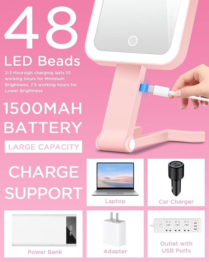 EAONE Magnifying Mirror with LED Light, Double Sided Travel Makeup Mirror 10X/1X with Storage Bag, 3 Color Lighting & Dimmable Touch Screen for Trip, Desk, Bathroom (10.3 x 5.2IN)- Pink